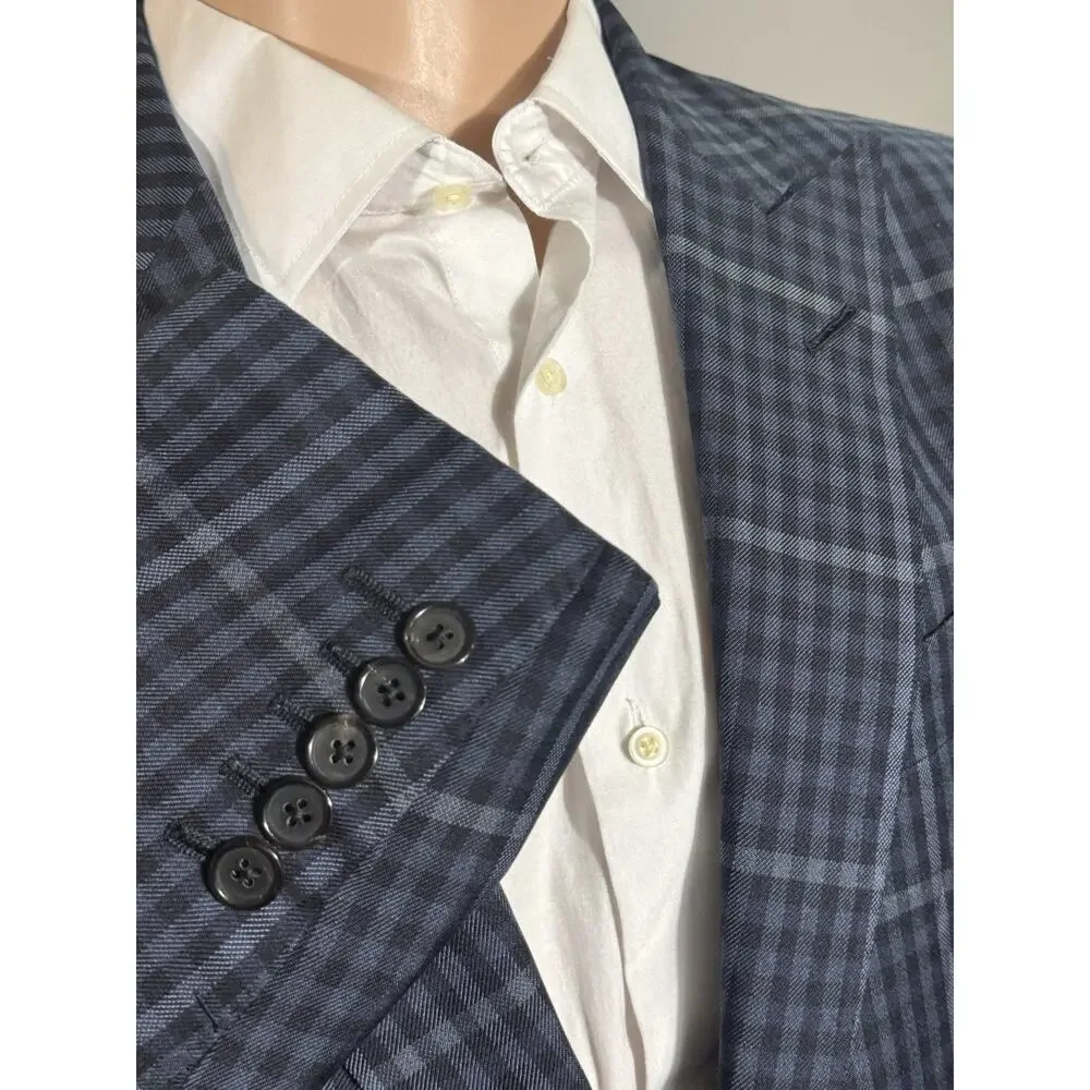 Tom Ford Blue Plaid Peak Lapel Suit Silk 48 38R US O'Connor 34x27 Trousers